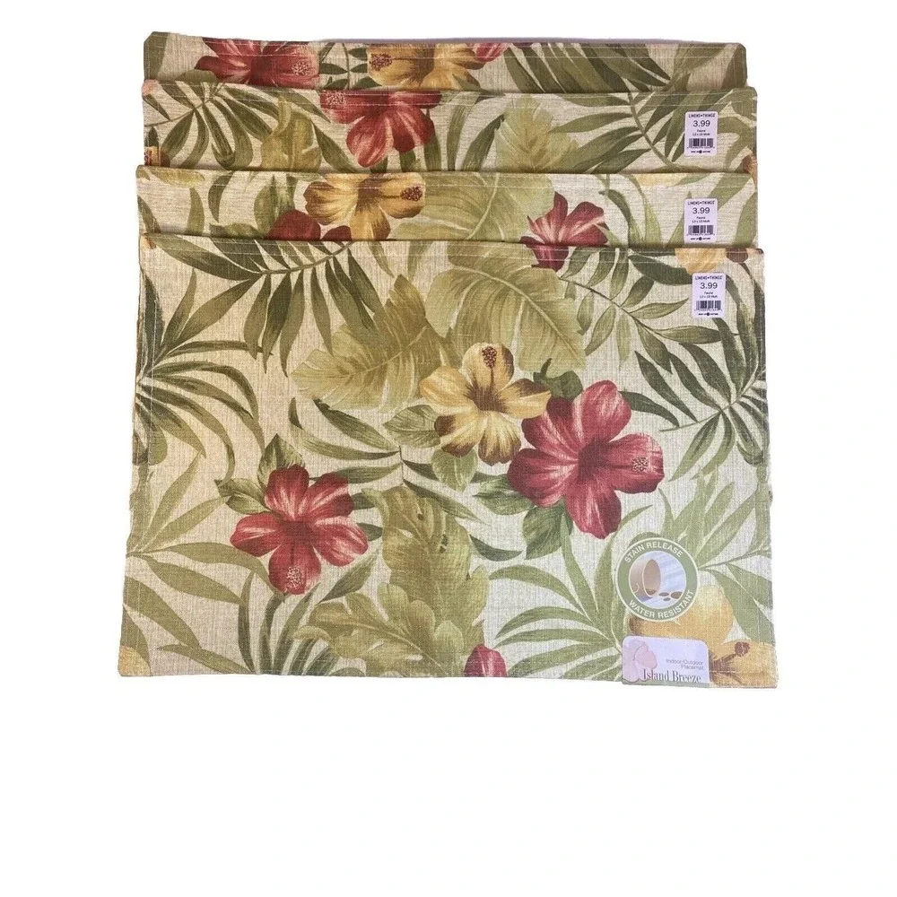 4 Vtg Floral Fauna Placemats Indoor Outdoor Island Breeze Hibiscus Red Green NOS